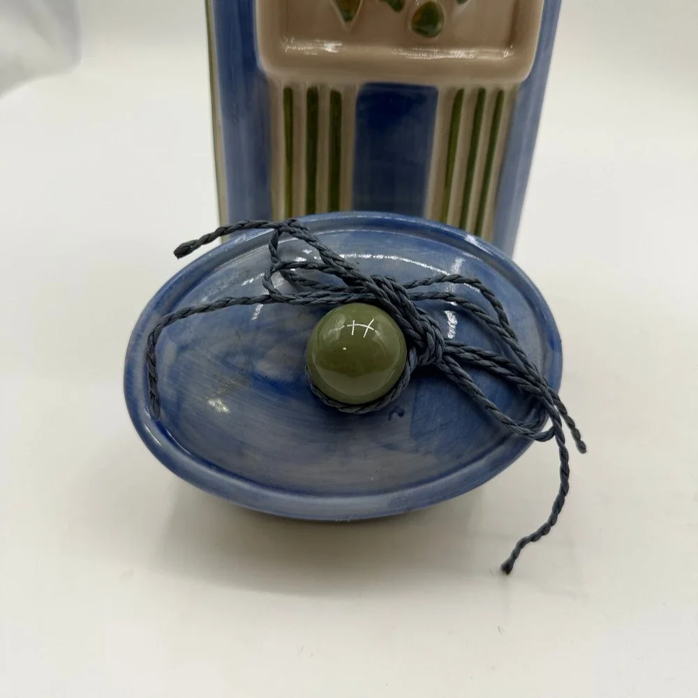 Vtg. Hand Painted Striped Ceramic Pasta Canister with Pea Pod Relief Blue Green